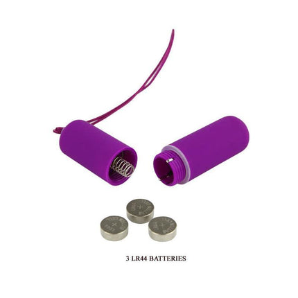 Vibrating Bullet Magic X20 Purple with open battery compartment and LR44 batteries displayed