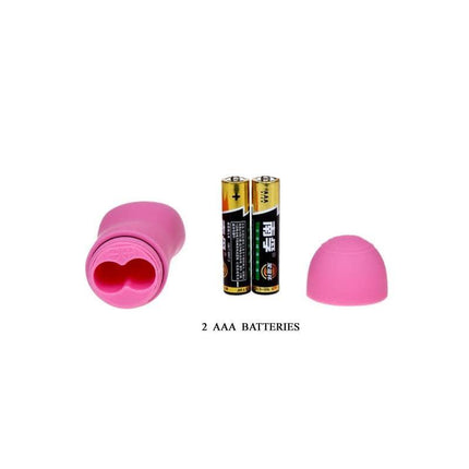 Pink accessory and two AAA batteries for Vibrating Bullet Magic x20 Purple with cap removed showing battery compartment.