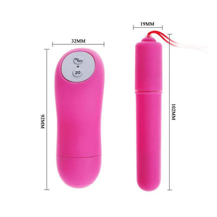 Vibrating Bullet Magic x20 Purple with remote, showcasing ergonomic design and dimensions, 20 customizable vibration patterns.