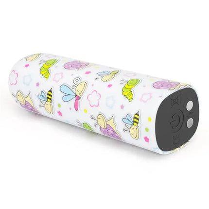 Vibrating Bullet Snails compact USB rechargeable design with colorful insect pattern, discreet for on-the-go pleasure.