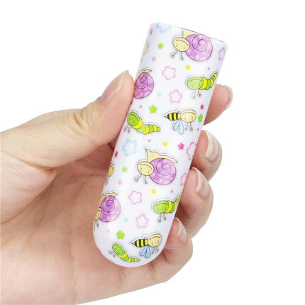 Hand holding Vibrating Bullet Snails with colorful snail and bee pattern, compact and discreet pleasure device, USB rechargeable, phthalates-free.