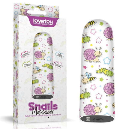 Vibrating Bullet Snails massager with cute snail and flower pattern, USB rechargeable compact design for discreet pleasure.
