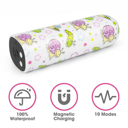 Vibrating Bullet Snails compact pleasure device with snails pattern, USB rechargeable, 100% waterproof, and 10 modes.
