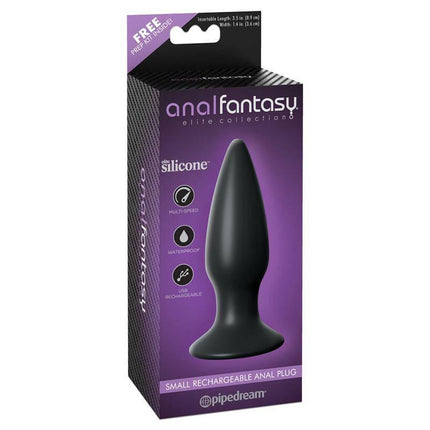 Vibrating Butt Plug Black in packaging, silicone and rechargeable features on display