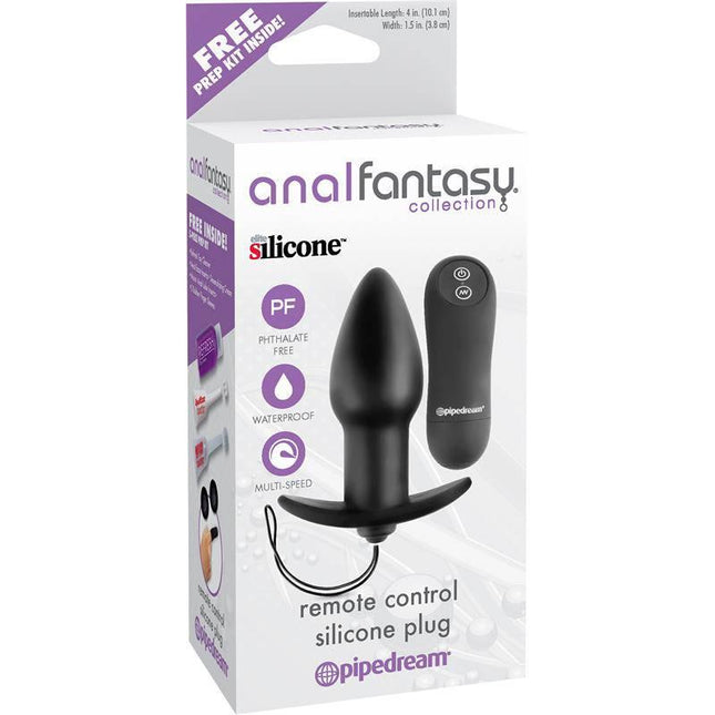 Vibrating Butt Plug Black in packaging with remote control, phthalate-free silicone material, waterproof and multi-speed features.