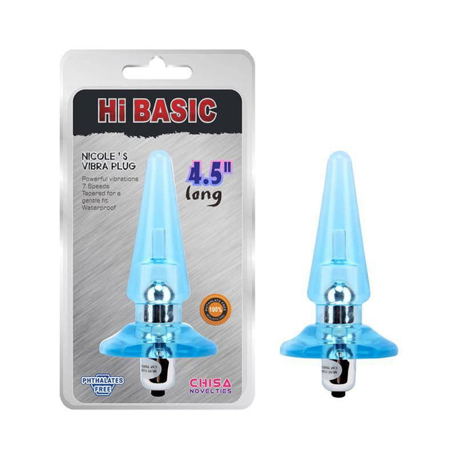 Vibrating Butt Plug Nicoles 12.5 x 3.2 cm Azul in packaging, showcasing blue anal toy with smooth design and multiple vibration options.