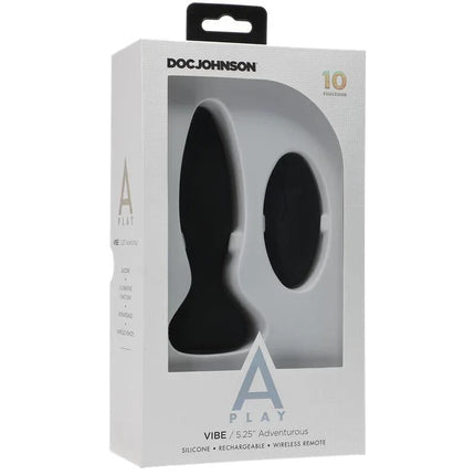 Vibrating Butt Plug Vibe Adventurous Black in packaging, featuring 10 vibration functions and powerful motor for satisfying experience.