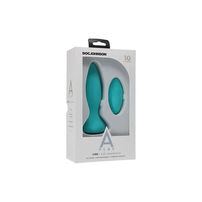 Vibrating Butt Plug Vibe Adventurous Turquoise in packaging, featuring wireless remote and 10 vibration patterns for versatile pleasure.