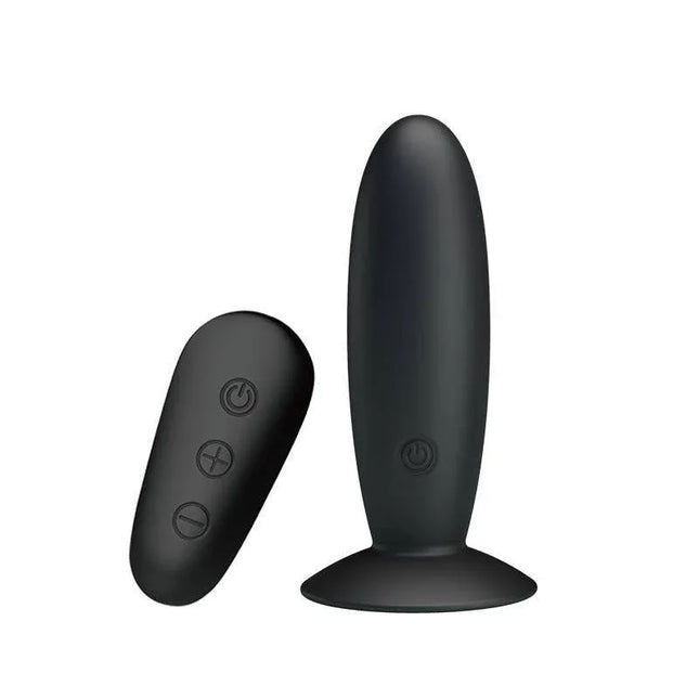 Vibrating Butt Plug with Remote control USB featuring 12 vibration functions and USB charging, shown with wireless remote control.