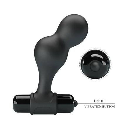 Vibrating Butt Plug with smooth silicone and ABS core, featuring on/off vibration button for customizable stimulation.