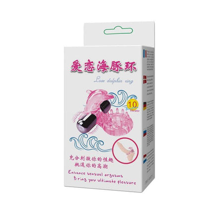 Vibrating Cock Ring Love Dolphig Ring Pink box showcasing product features and design for enhanced pleasure.