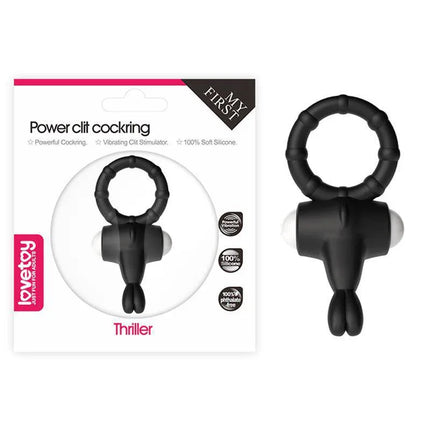 Vibrating Cockring Power Clit Black with silicone ring and rabbit-ear stimulators for enhanced couple play.