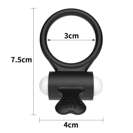 Vibrating Cockring Power Clit Black with single-speed motor and clitoral stimulator, flexible silicone for shared pleasure, 7.5cm height.