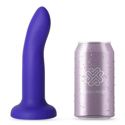 Vibrating Color-Changing Dildo Blue to Purple Size M 17 cm next to can for size comparison.