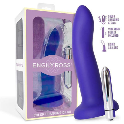 Vibrating Color-Changing Dildo Blue to Purple Size M 17 cm by Engily Ross with packaging, showing color change and vibrating features