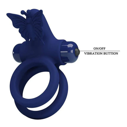 Vibrating Double Penis Ring with butterfly design and dual rings for enhanced couples intimacy and synchronized stimulation.