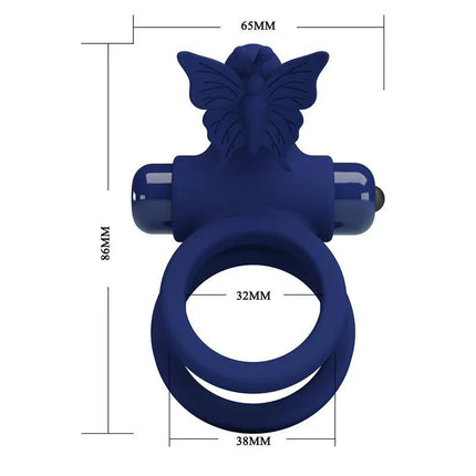Vibrating Double Penis Ring with dual rings and butterfly design for enhanced couple intimacy and stimulation, dimensions included