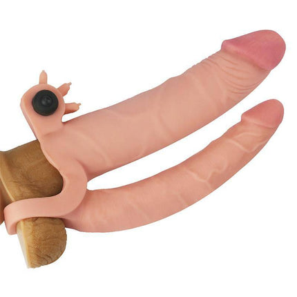 Vibrating Double Penis Sleeve with Vibration +1, lifelike TPE design for enhanced sensation and longer sessions.