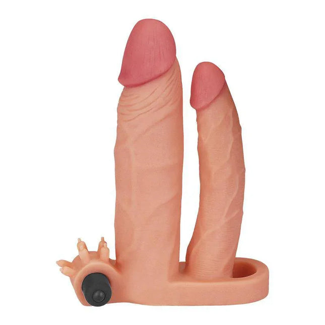 Vibrating Double Penis Sleeve with Vibration +1, lifelike TPE design for enhanced sensation.