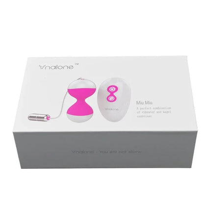 Vibrating Egg and Kegel Balls Miu Miu Fuchsia box featuring remote and product image, ideal for pelvic floor exercises and pleasure.