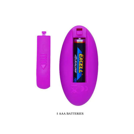 Back view of Vibrating Egg Arvin Purple remote showing battery compartment with AAA battery