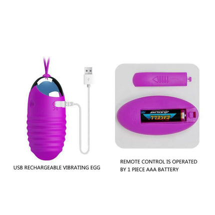 Vibrating Egg Jessica USB Purple with rechargeable design and remote control shown with battery compartment.
