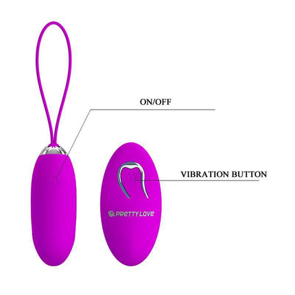 Vibrating Egg Julia with remote control, showcasing on/off switch and vibration button for customizable pleasure.