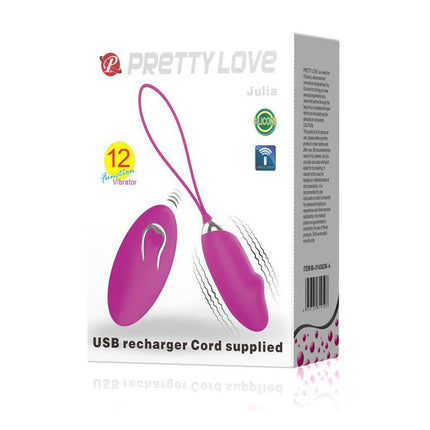 Vibrating Egg Julia product packaging showing pink wireless toy with 12 vibration functions and USB recharger cord.