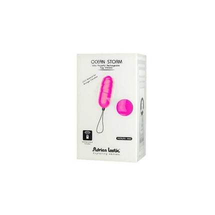 Vibrating Egg Ocean Storm + Control LRS packaging box, pink remote-controlled pleasure device for stimulation.