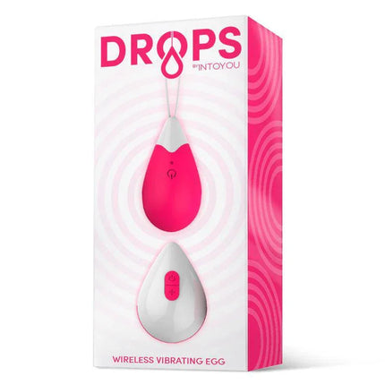 Vibrating Egg Remote Control USB Silicone Pink packaging by Drops, featuring a pink and white erotic egg toy with wireless features.