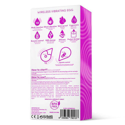 Product packaging for Vibrating Egg Remote Control USB Silicone Purple, showcasing features like waterproof, ergonomic, and USB charge.