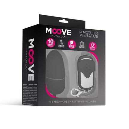 Moove Vibrating Egg with Remote Control Medium Size Black in packaging, showcasing sleek design and remote for enhanced intimate pleasure.