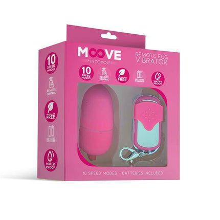 Moove Vibrating Egg with Remote Control Medium Size Pink in packaging, featuring 10 speed modes and wireless functionality for enhanced pleasure.