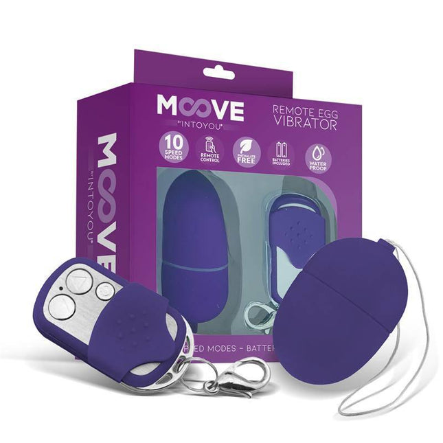 Vibrating Egg with Remote Control Mini Purple by Moove, featuring wireless remote and 10 vibration functions, in packaging.