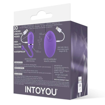 Packaging of Vibrating Egg with Remote Control Odise USB Silicone Purple by IntoYou, showing features and included USB charger.