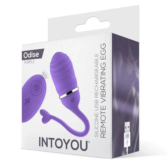 Vibrating Egg with Remote Control Odise USB Silicone Purple in packaging, featuring purple color and USB rechargeable wireless remote.