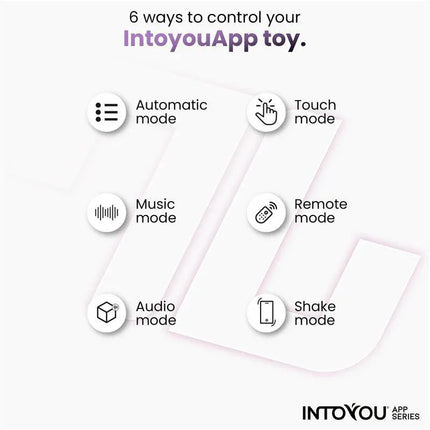 Diagram showing 6 control modes for Intoyou App toy: Automatic, Touch, Music, Remote, Audio, and Shake.