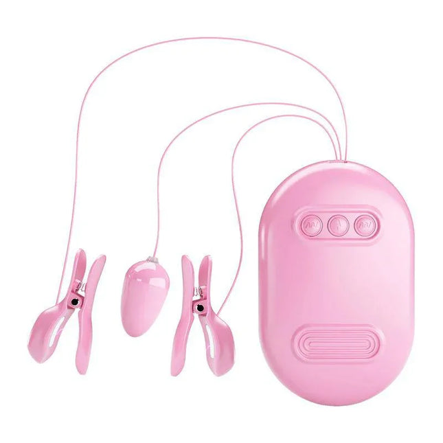 Vibrating Egg with Shock Nipple Clamps Kit in pink featuring 12 vibration modes for electro-stimulation fun and precision control.