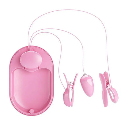 Vibrating Egg with Shock Nipple Clamps Kit in pink with wired design, features 12 vibration modes for versatile stimulation.