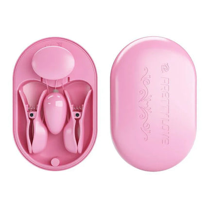 Pink Vibrating Egg with Shock Nipple Clamps Kit in compact storage case