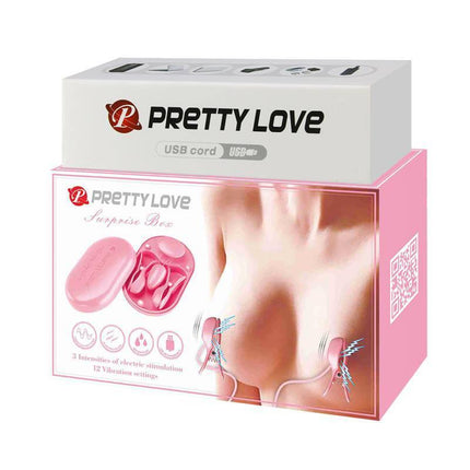 Vibrating Egg with Shock Nipple Clamps Kit in pink packaging, features electro-stimulation with 12 vibration modes for versatile play.