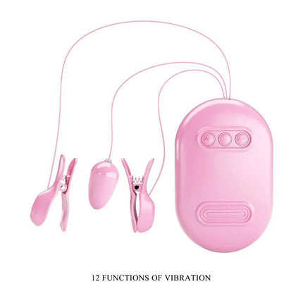 Vibrating Egg with Shock Nipple Clamps Kit featuring 12 functions of vibration, offering versatile and thrilling stimulation in pink design.