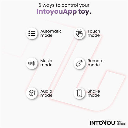 Diagram showing 6 control modes for Intoyou® App Series toy: Automatic, Touch, Music, Remote, Audio, and Shake modes.