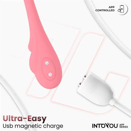 Vibrating Egg with Waving and APP USB; pink Intoyou device with magnetic USB charger, app-controlled for personalized pleasure.