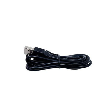 Black USB charging cable coiled on a white background for electronic devices.