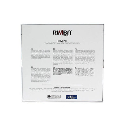 Packaging for Vibrating Kegel Ball Set Rimini Black with multilingual description and product details.