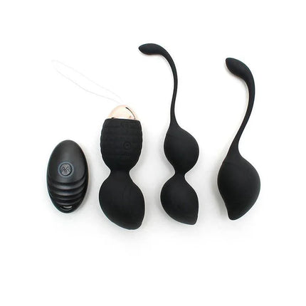 Vibrating Kegel Ball Set Rimini Black with remote, non-vibrating balls in black silicone, suitable for pelvic floor training.