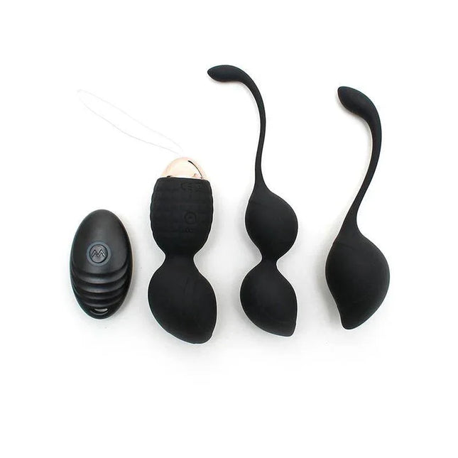 Vibrating Kegel Ball Set Rimini Black with remote, non-vibrating balls in black silicone, suitable for pelvic floor training.