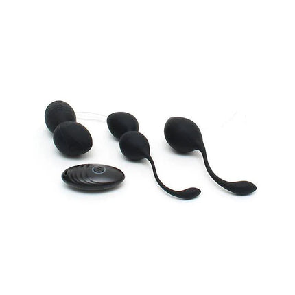 Vibrating Kegel Ball Set Rimini Black includes vibrating and non-vibrating balls with remote control, made of smooth black silicone.
