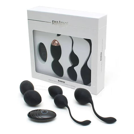 Vibrating Kegel Ball Set Rimini Black with remote control and non-vibrating balls for pelvic floor training displayed in packaging